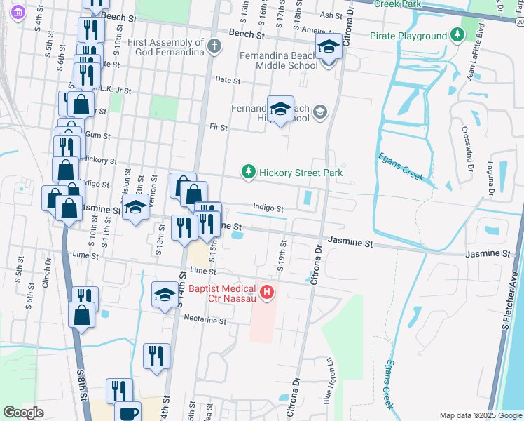 map of restaurants, bars, coffee shops, grocery stores, and more near 1742 Indigo Street in Fernandina Beach
