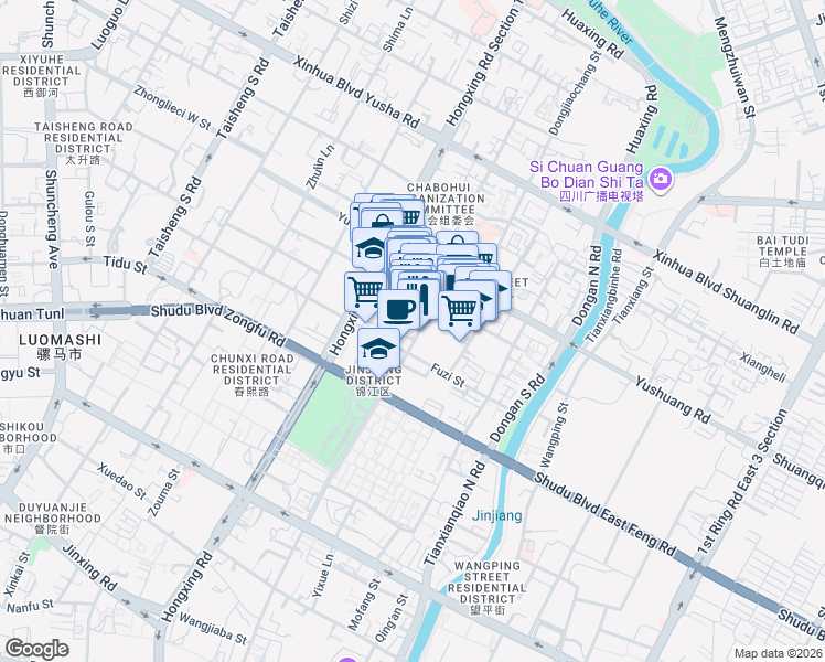 map of restaurants, bars, coffee shops, grocery stores, and more near 35 Shuyuan West Street in Chengdu Shi