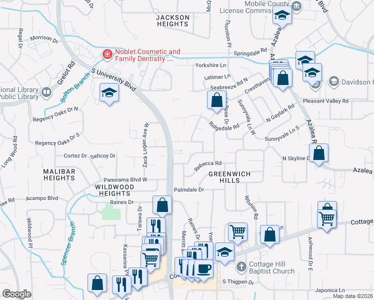 map of restaurants, bars, coffee shops, grocery stores, and more near 5101-5105 Olivedale Drive in Mobile