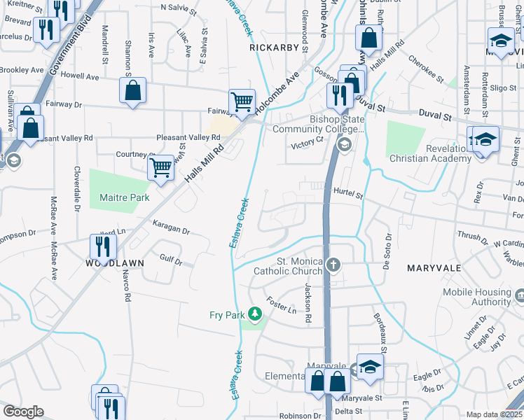 map of restaurants, bars, coffee shops, grocery stores, and more near 1004 West Woodlawn Drive in Mobile