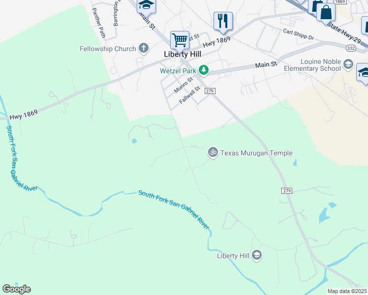map of restaurants, bars, coffee shops, grocery stores, and more near 739 Stubblefield Lane in Liberty Hill