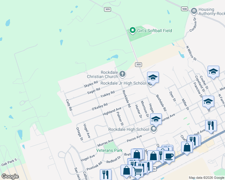 map of restaurants, bars, coffee shops, grocery stores, and more near 1501 Sager Road in Rockdale