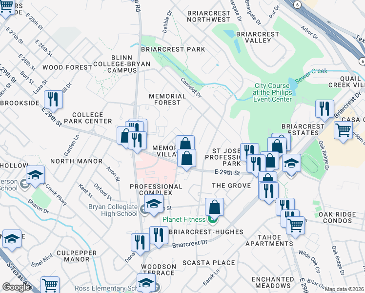 map of restaurants, bars, coffee shops, grocery stores, and more near 8 De Lee Street in Bryan