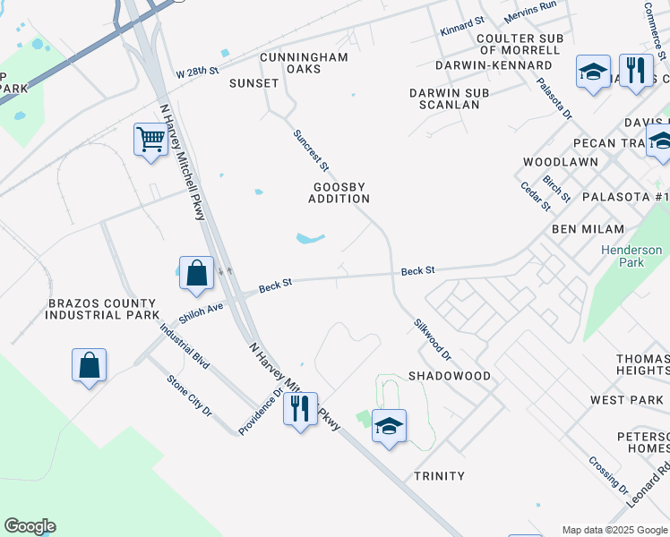 map of restaurants, bars, coffee shops, grocery stores, and more near 606 Suncrest Street in Bryan