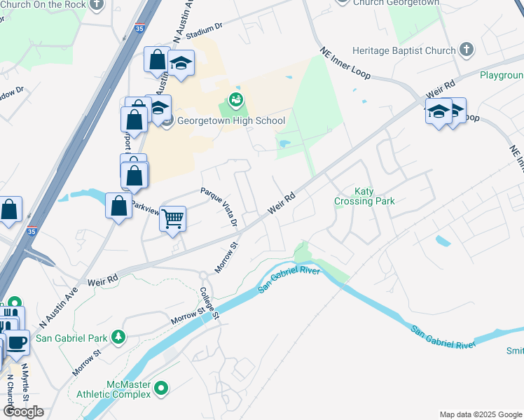 map of restaurants, bars, coffee shops, grocery stores, and more near 418 Parkline Drive in Georgetown