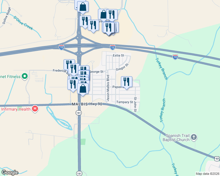 map of restaurants, bars, coffee shops, grocery stores, and more near 29710 Jason Malbis Boulevard in Daphne