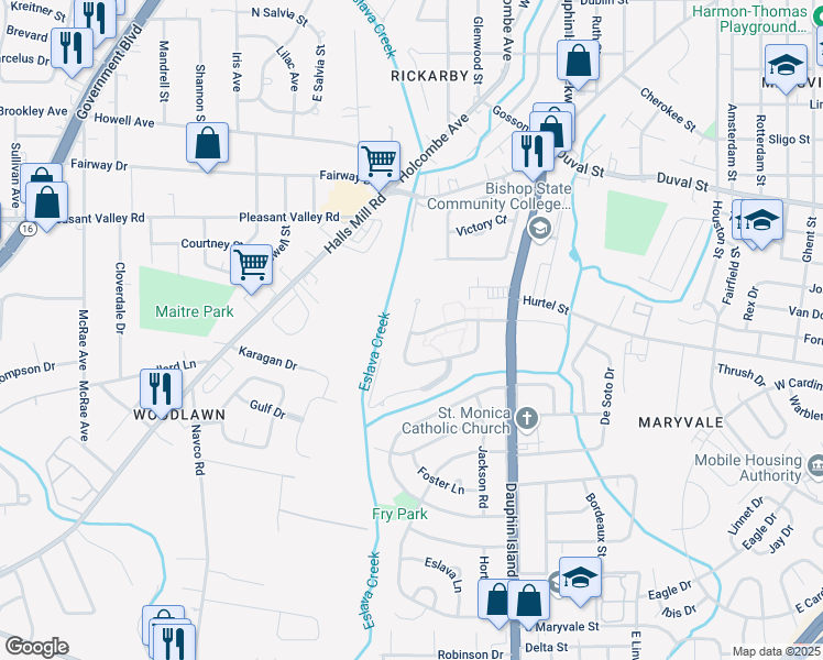 map of restaurants, bars, coffee shops, grocery stores, and more near 1008 West Woodlawn Drive in Mobile