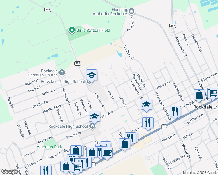 map of restaurants, bars, coffee shops, grocery stores, and more near 808 Highland Avenue in Rockdale