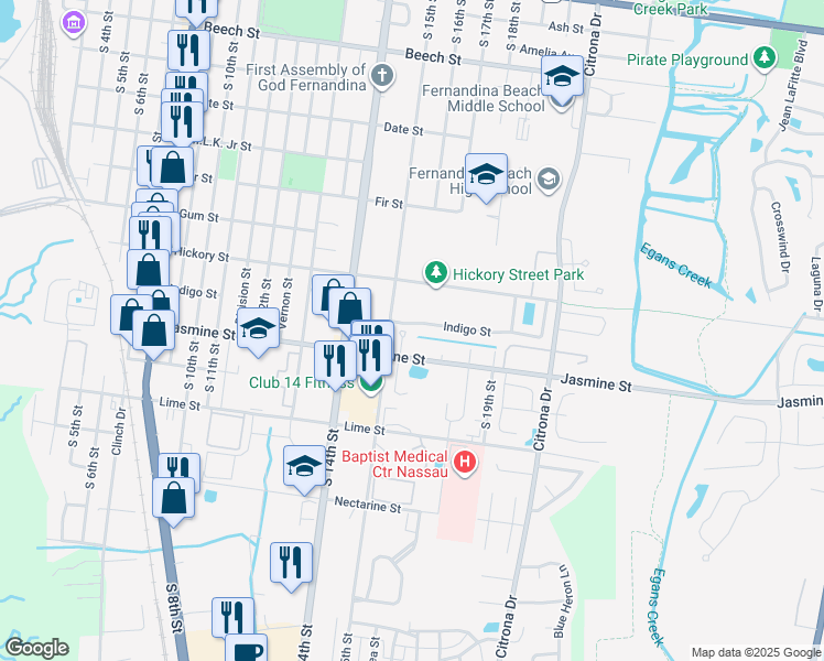 map of restaurants, bars, coffee shops, grocery stores, and more near 966 Chad Street in Fernandina Beach