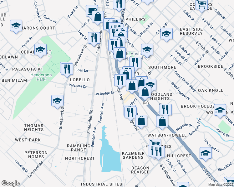 map of restaurants, bars, coffee shops, grocery stores, and more near 1300 South College Avenue in Bryan