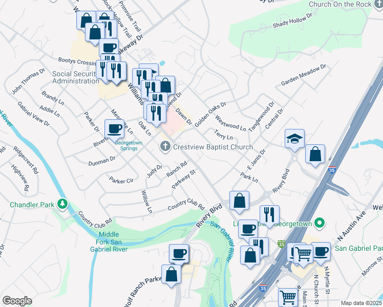 map of restaurants, bars, coffee shops, grocery stores, and more near 1627 Williams Drive in Georgetown