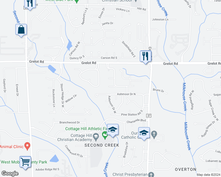 map of restaurants, bars, coffee shops, grocery stores, and more near 7735 Deerwood Circle in Mobile