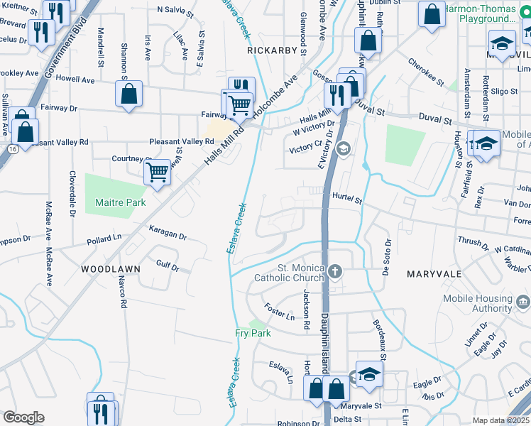 map of restaurants, bars, coffee shops, grocery stores, and more near 2108 North Woodlawn Drive in Mobile