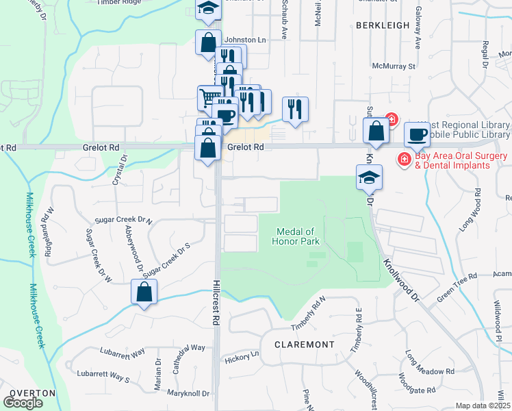 map of restaurants, bars, coffee shops, grocery stores, and more near 1601 Hillcrest Road in Mobile