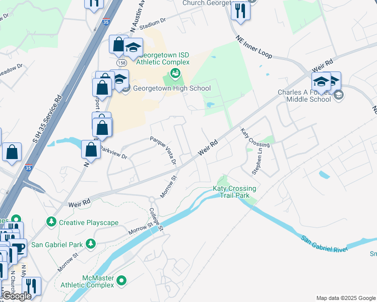 map of restaurants, bars, coffee shops, grocery stores, and more near 661 Farm to Market Road 971 in Georgetown