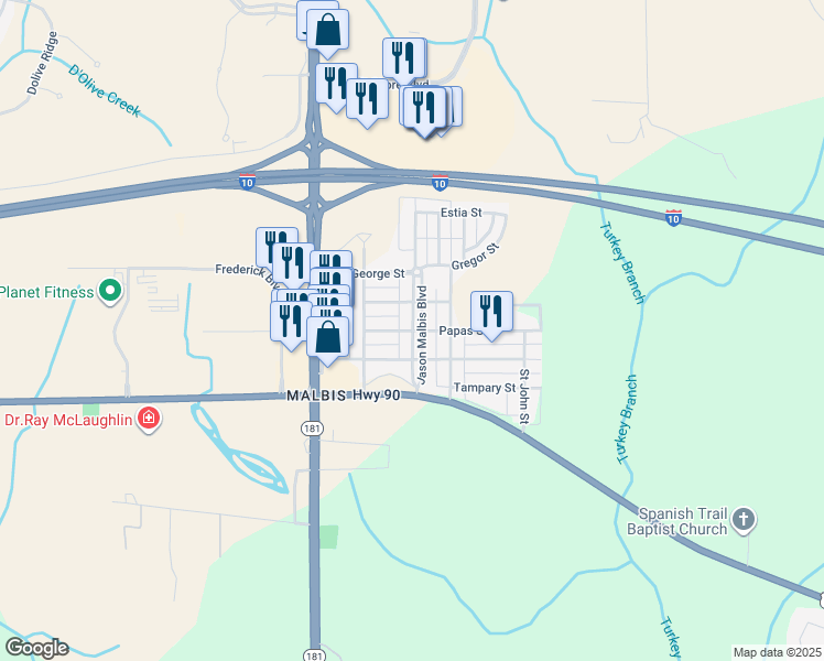 map of restaurants, bars, coffee shops, grocery stores, and more near 29677 Jason Malbis Boulevard in Daphne