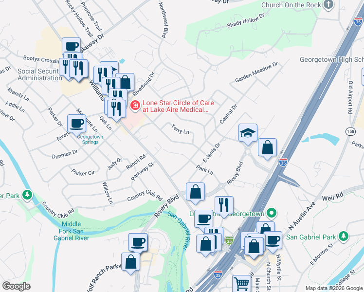 map of restaurants, bars, coffee shops, grocery stores, and more near 2009 Dawn Drive in Georgetown