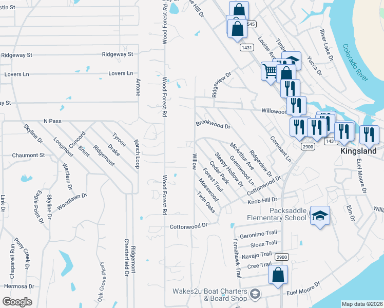 map of restaurants, bars, coffee shops, grocery stores, and more near 2117 Cedar Park in Kingsland