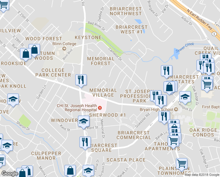 map of restaurants, bars, coffee shops, grocery stores, and more near 2405 Memorial Drive in Bryan