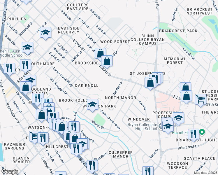 map of restaurants, bars, coffee shops, grocery stores, and more near 2001 East 29th Street in Bryan