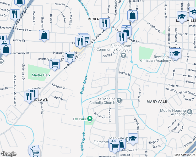 map of restaurants, bars, coffee shops, grocery stores, and more near 2100 North Woodlawn Drive in Mobile