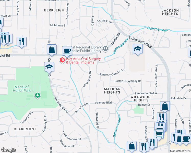 map of restaurants, bars, coffee shops, grocery stores, and more near 1437 Regency Oaks Drive West in Mobile