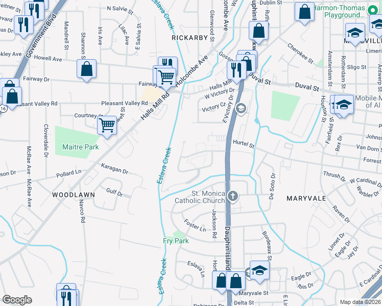 map of restaurants, bars, coffee shops, grocery stores, and more near 2064 North Woodlawn Drive in Mobile