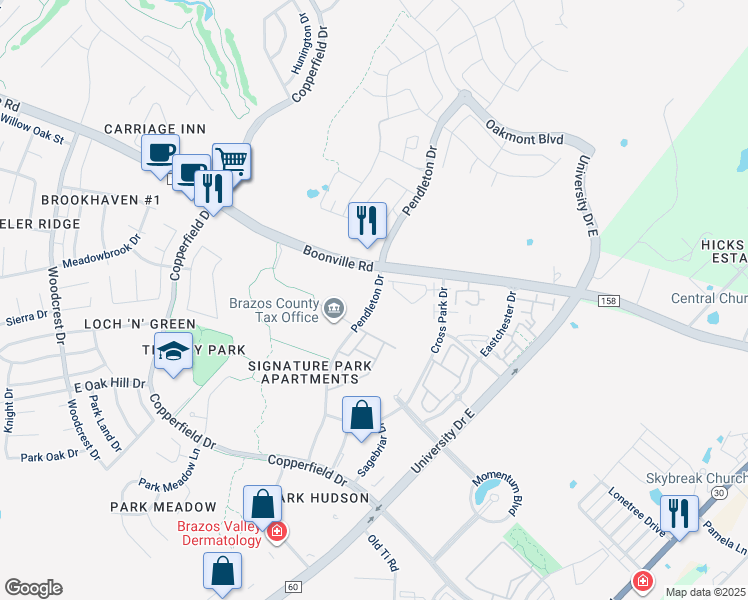 map of restaurants, bars, coffee shops, grocery stores, and more near 4150 Pendleton Drive in Bryan