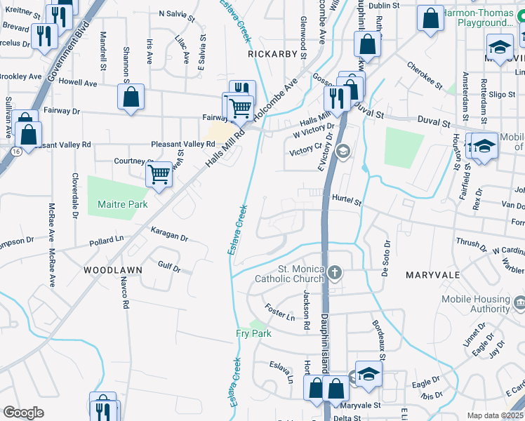 map of restaurants, bars, coffee shops, grocery stores, and more near 1012 West Woodlawn Drive in Mobile