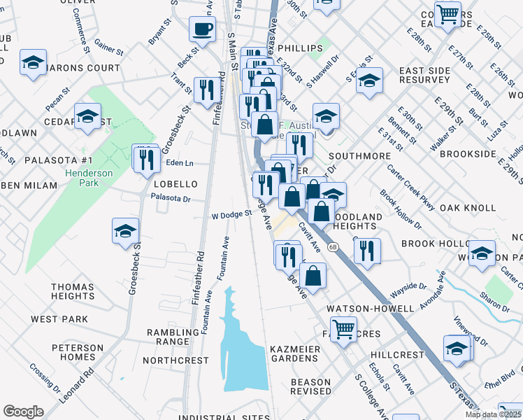 map of restaurants, bars, coffee shops, grocery stores, and more near 1300 South College Avenue in Bryan