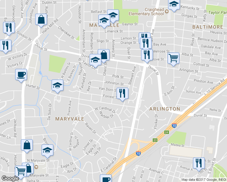 map of restaurants, bars, coffee shops, grocery stores, and more near 1553 Antwerp Street in Mobile