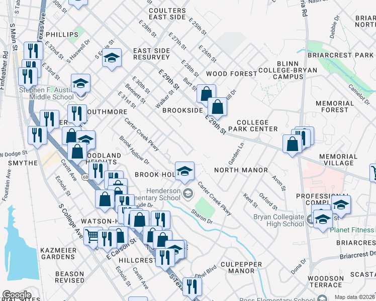 map of restaurants, bars, coffee shops, grocery stores, and more near 1602 East 31st Street in Bryan