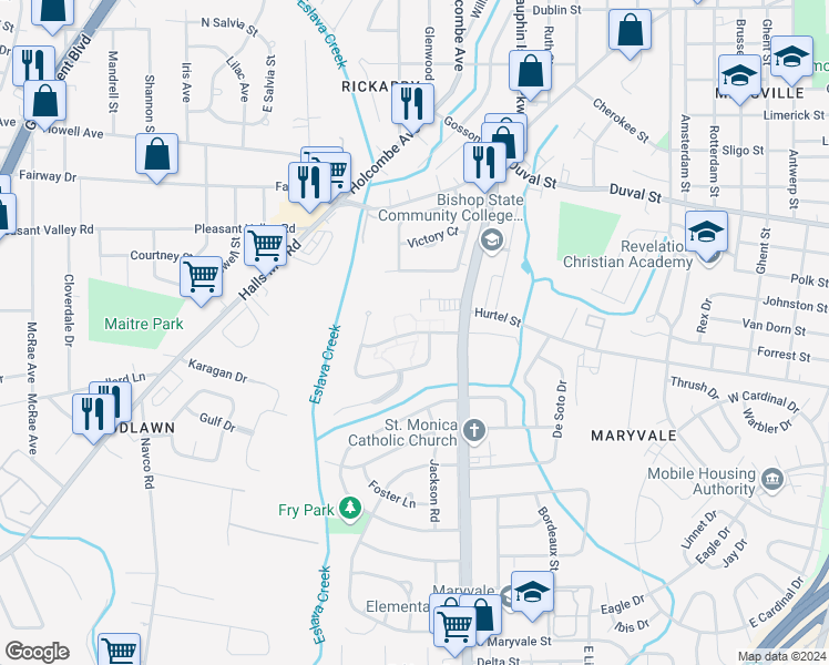 map of restaurants, bars, coffee shops, grocery stores, and more near 2108 North Woodlawn Drive in Mobile
