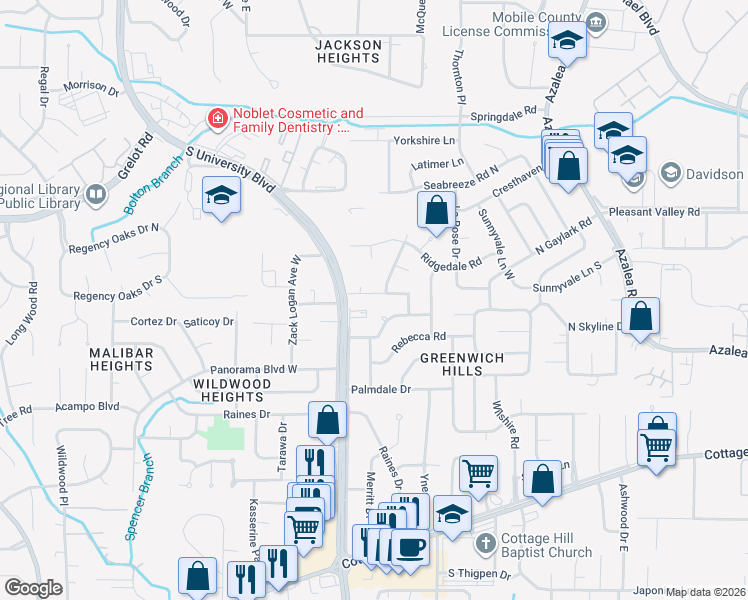 map of restaurants, bars, coffee shops, grocery stores, and more near 5105 Olivedale Drive in Mobile