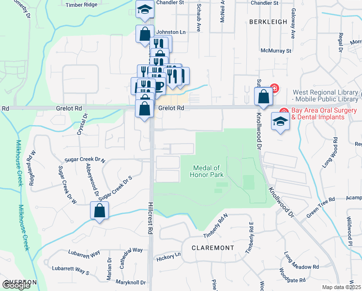map of restaurants, bars, coffee shops, grocery stores, and more near 1601 Hillcrest Road in Mobile