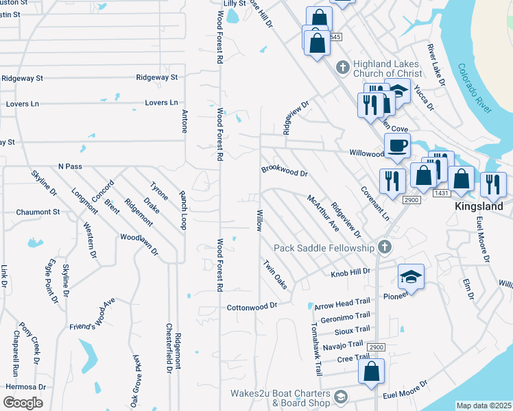 map of restaurants, bars, coffee shops, grocery stores, and more near 2117 Cedar Park in Kingsland