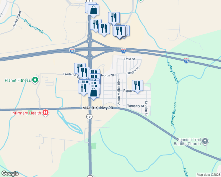 map of restaurants, bars, coffee shops, grocery stores, and more near 10151 Papas Street in Daphne