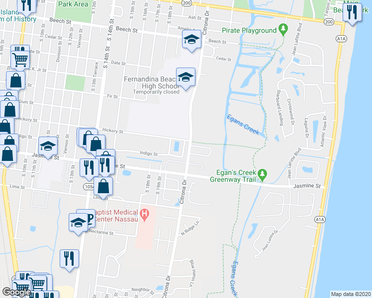 map of restaurants, bars, coffee shops, grocery stores, and more near 842 Park View Place East in Fernandina Beach