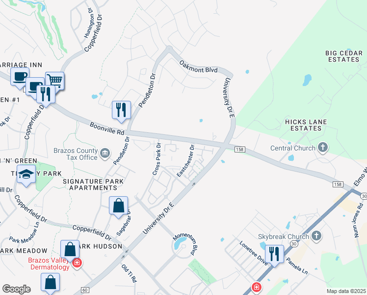 map of restaurants, bars, coffee shops, grocery stores, and more near 4091 Eastchester Drive in Bryan