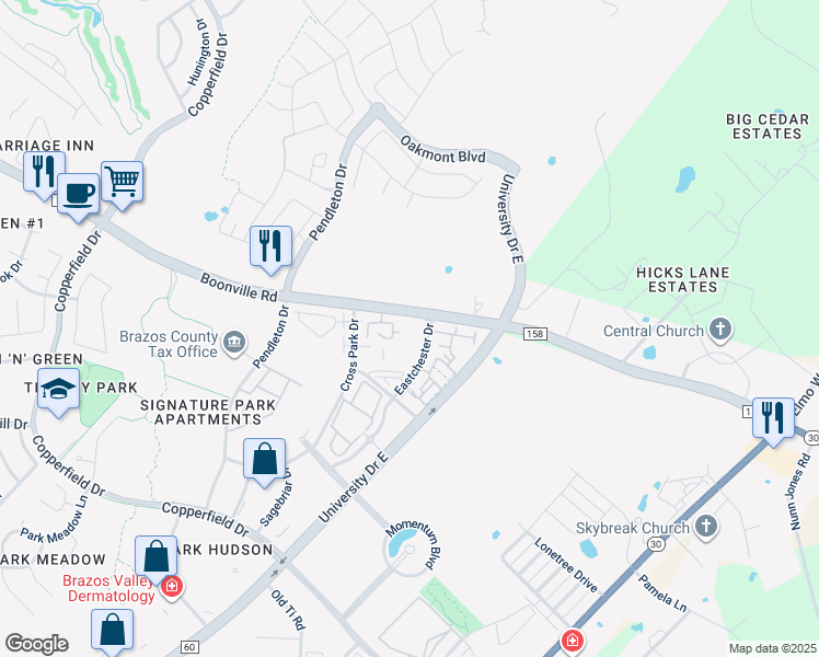 map of restaurants, bars, coffee shops, grocery stores, and more near 4091 Eastchester Drive in Bryan