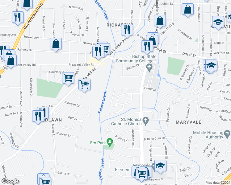 map of restaurants, bars, coffee shops, grocery stores, and more near 1005 West Woodlawn Drive in Mobile