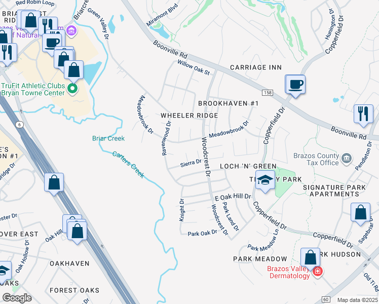 map of restaurants, bars, coffee shops, grocery stores, and more near 4505 Littleton Court in Bryan
