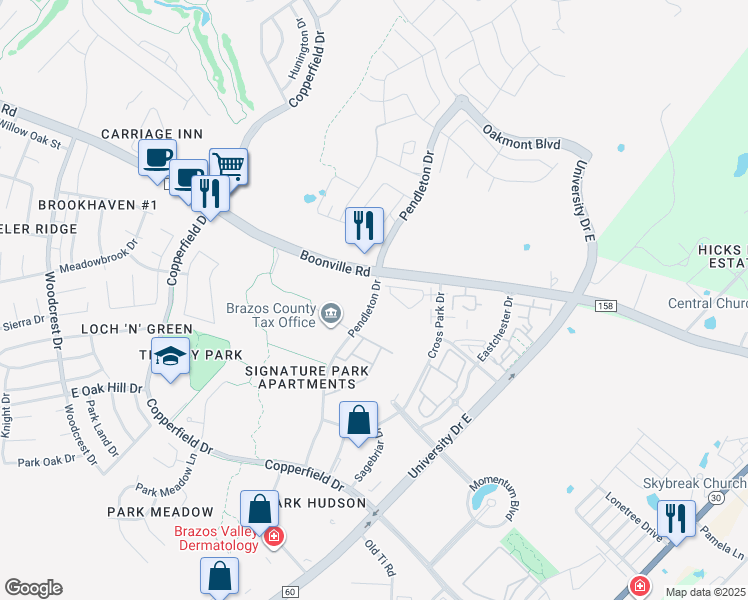 map of restaurants, bars, coffee shops, grocery stores, and more near 4150 Pendleton Drive in Bryan