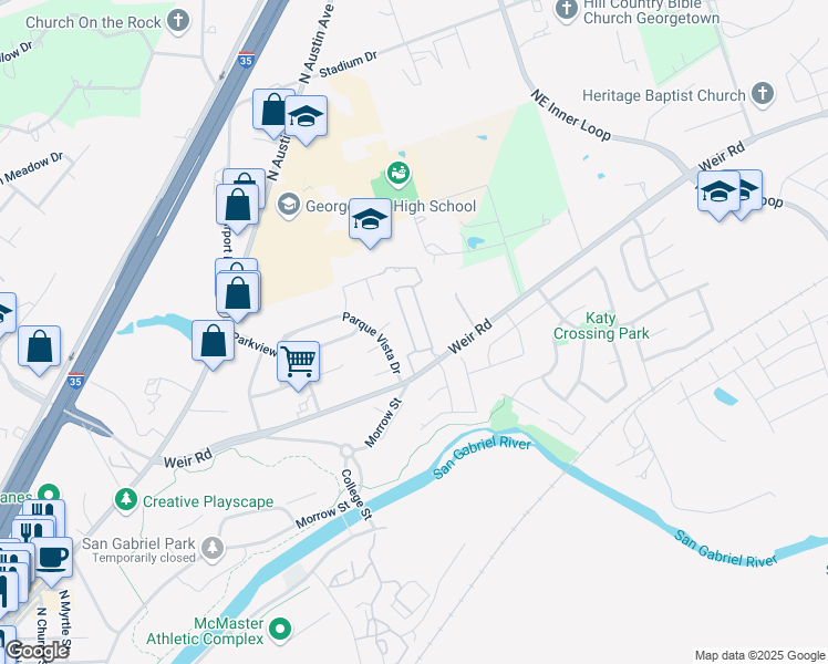 map of restaurants, bars, coffee shops, grocery stores, and more near 661 Farm to Market Road 971 in Georgetown