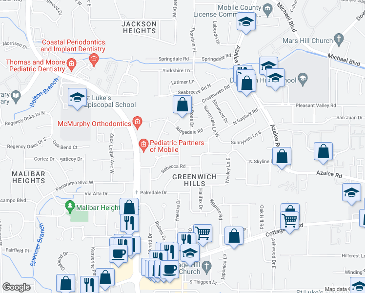 map of restaurants, bars, coffee shops, grocery stores, and more near 1517 Shalimar Road in Mobile