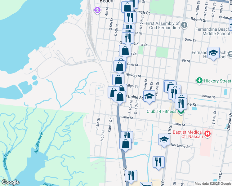 map of restaurants, bars, coffee shops, grocery stores, and more near 929 South 7th Street in Fernandina Beach