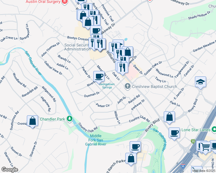map of restaurants, bars, coffee shops, grocery stores, and more near 702 Dunman Drive in Georgetown
