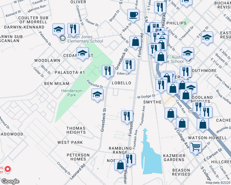 map of restaurants, bars, coffee shops, grocery stores, and more near 507 Palasota Drive in Bryan
