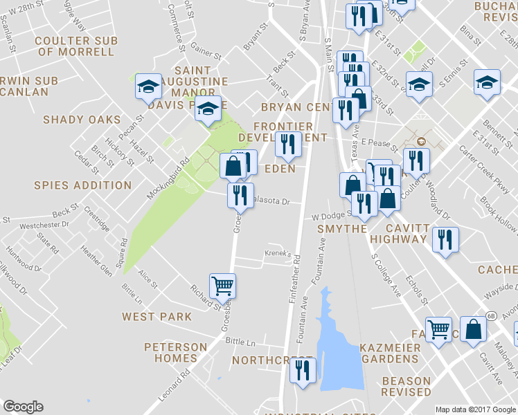 map of restaurants, bars, coffee shops, grocery stores, and more near 507 Palasota Drive in Bryan