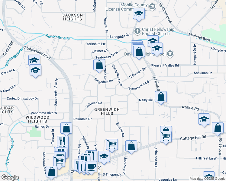 map of restaurants, bars, coffee shops, grocery stores, and more near 550 Gaylark Road West in Mobile